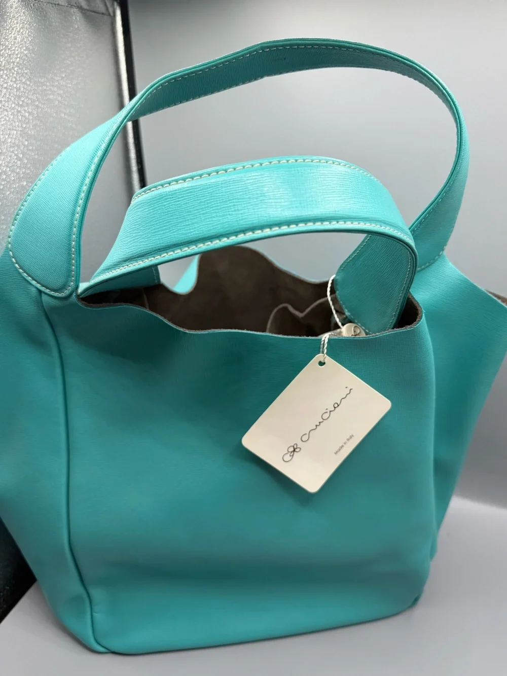 Cruciani Turquoise Tote with Gold Logo